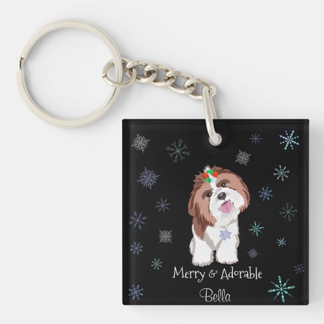 Merry & Adorable Shih Tzu With Snowflake Dog Name Key Ring (Front)