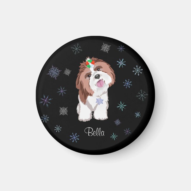 Merry & Adorable Shih Tzu With Snowflake Dog Name  Magnet (Front)
