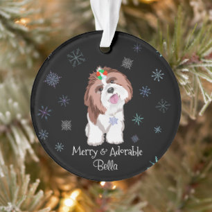 Merry & Adorable Shih Tzu With Snowflake Dog Name  Ornament
