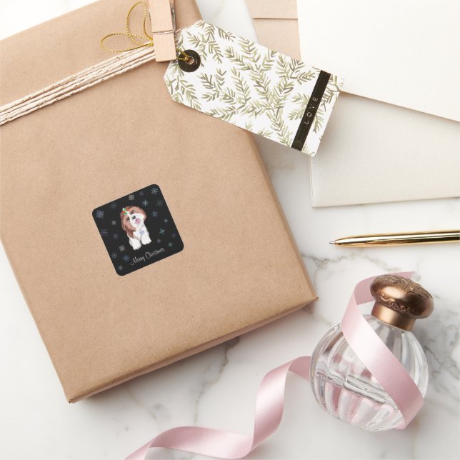Merry & Adorable Shih Tzu With Snowflake Dog Name  Square Sticker (Gifting)