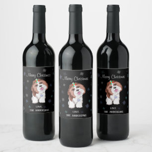 Merry & Adorable Shih Tzu With Snowflake Dog Wine Label