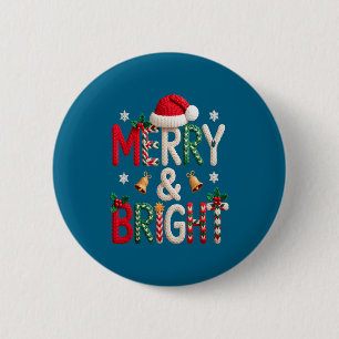 Merry & Bright Christmas Santa Hat Crochet Kni 6 Cm Round Badge