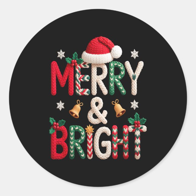 Merry &amp; Bright Christmas Santa Hat Crochet Kni Classic Round Sticker (Front)