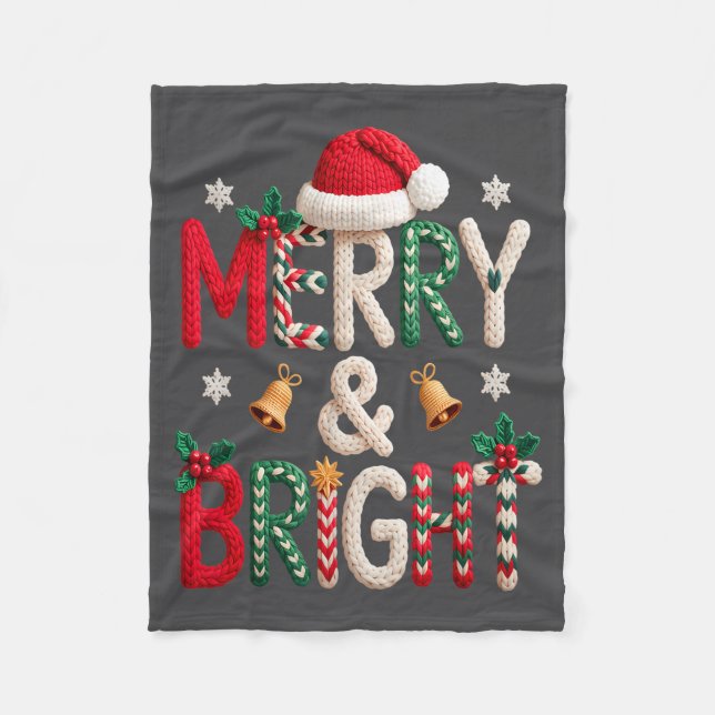 Merry &amp; Bright Christmas Santa Hat Crochet Kni Fleece Blanket (Front)