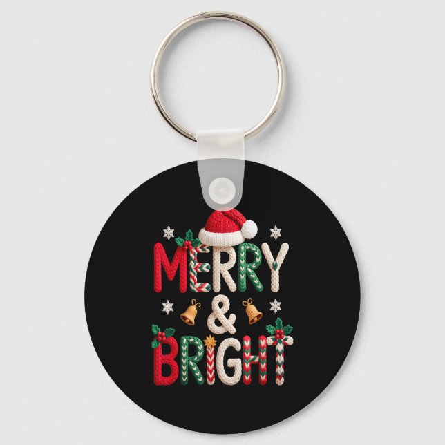 Merry &amp; Bright Christmas Santa Hat Crochet Kni Key Ring (Front)