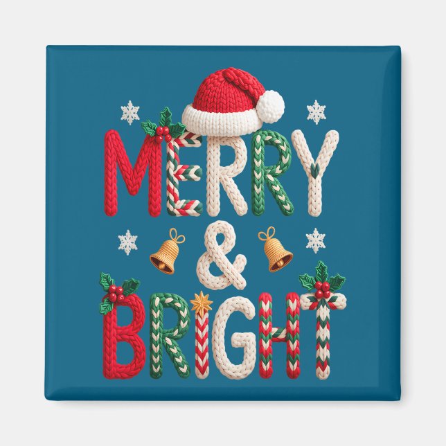 Merry &amp; Bright Christmas Santa Hat Crochet Kni Magnet (Front)