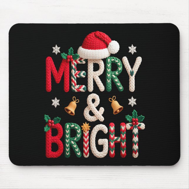 Merry &amp; Bright Christmas Santa Hat Crochet Kni Mouse Mat (Front)