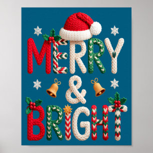 Merry &amp; Bright Christmas Santa Hat Crochet Kni Poster