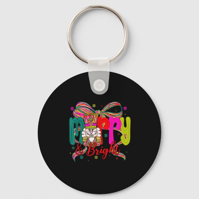 Merry &amp; Bright Coquette Bow Nutcracker Christm Key Ring (Front)