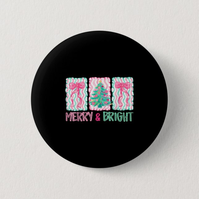Merry &amp; Bright Coquette Preppy Bow Xmas Tree W 6 Cm Round Badge (Front)