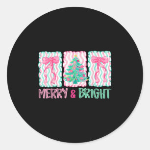 Merry &amp; Bright Coquette Preppy Bow Xmas Tree W Classic Round Sticker