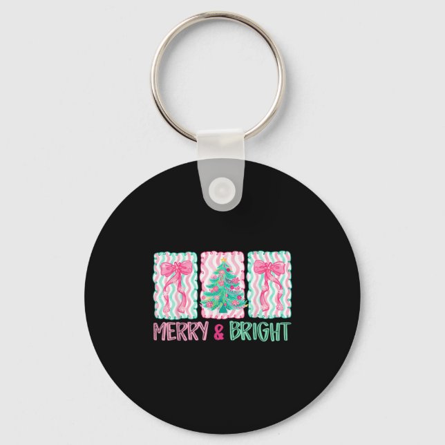Merry &amp; Bright Coquette Preppy Bow Xmas Tree W Key Ring (Front)