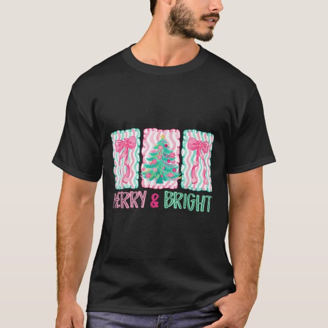 Merry &amp; Bright Coquette Preppy Bow Xmas Tree W T-Shirt (Front)