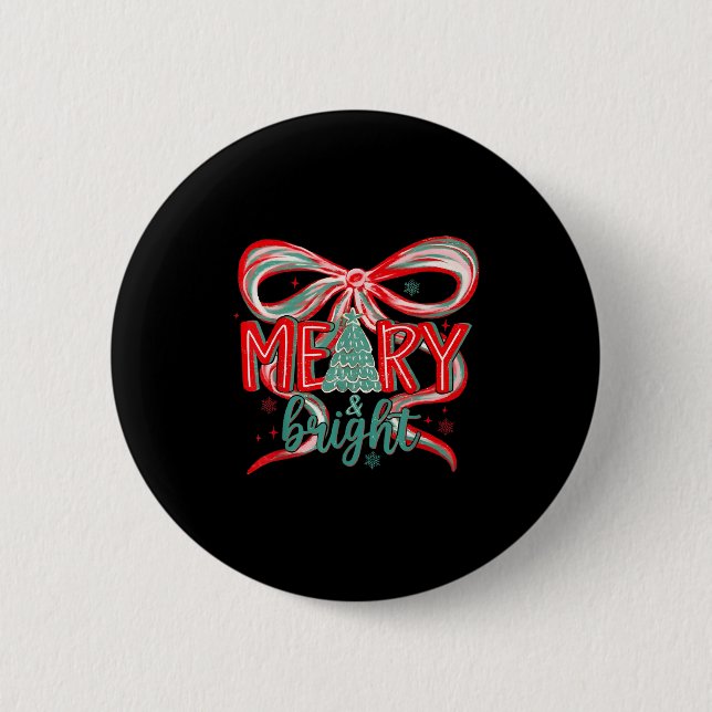 Merry &amp; Bright Tree Coquette Bow Retro Holiday 6 Cm Round Badge (Front)