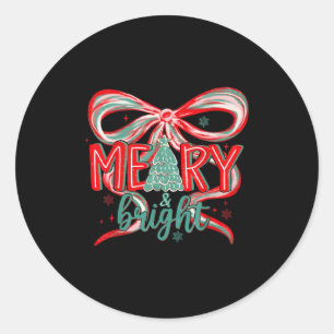 Merry &amp; Bright Tree Coquette Bow Retro Holiday Classic Round Sticker