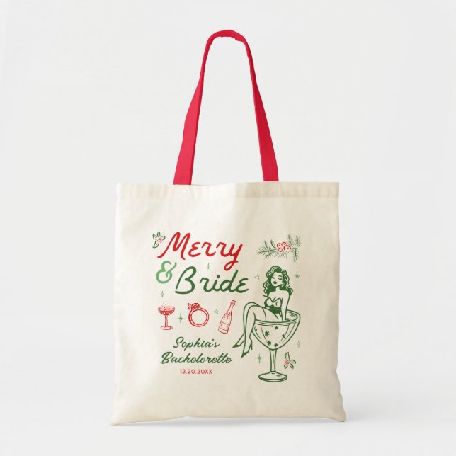 Merry And Bride Christmas Bachelorette Tote Bag (Front)