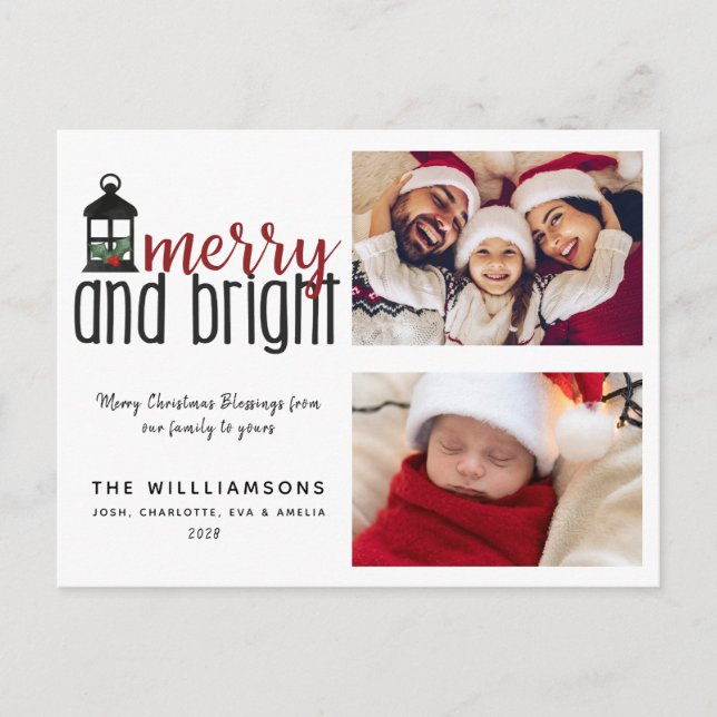 Merry and Bright 2 Photo Family Christmas Card  (Front)