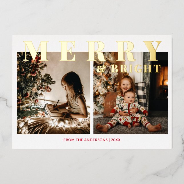 Merry and Bright 2-Photo Gold Foil Holiday Card (Front)