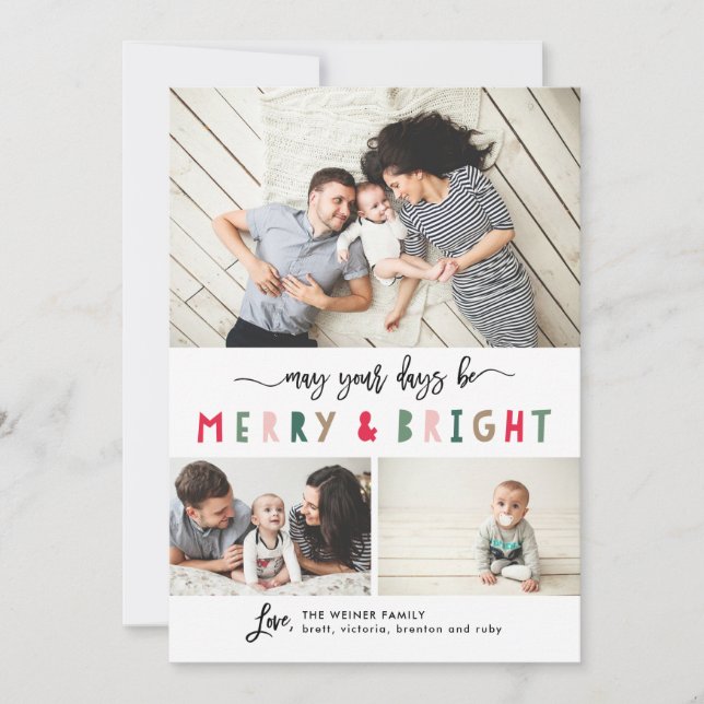 Merry And Bright 3 Photo Collage Holiday Card (Front)
