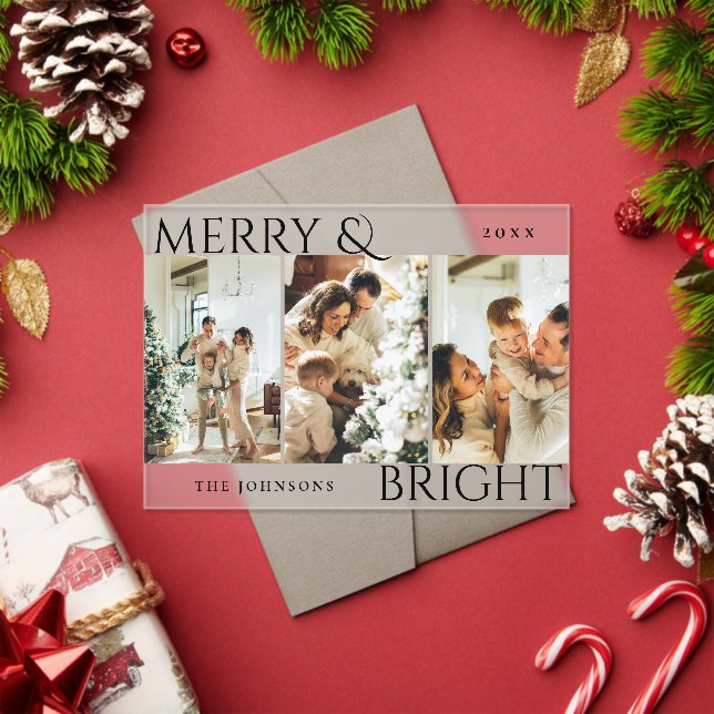 Merry and Bright 3 Photo Collage Holiday Card Acrylic Invitations (Insitu (Holiday))