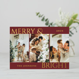 Merry and Bright 3 Photo Collage Minimal Red Foil Holiday Card