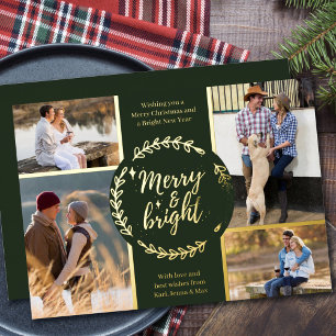 Merry and Bright 4 Photo Collage Green and Gold Foil Holiday Card