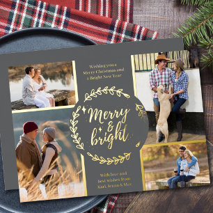 Merry and Bright 4 Photo Collage Grey and Gold Foil Holiday Card