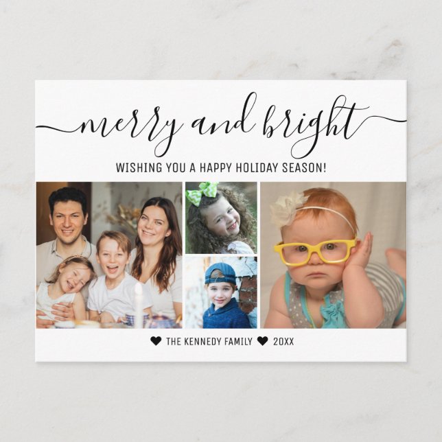 Merry And Bright  4 Photo Collage  Happy Holidays Holiday Postcard (Front)