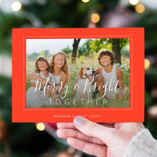 Merry and Bright 4 photos modern Christmas orange Holiday Card (Creator Uploaded)