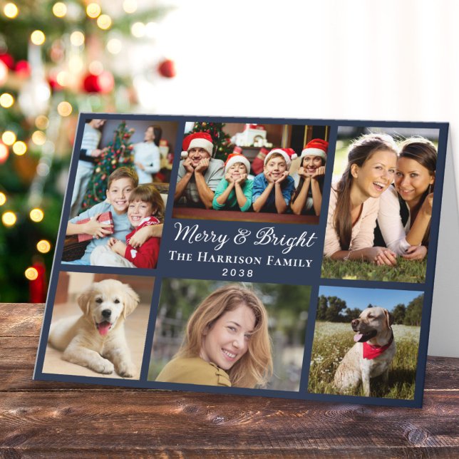 Merry And Bright 6 Photo Collage Blue Christmas Holiday Card (This holiday season, let the magic of your cherished moments unfold with our 6 photo Christmas card)