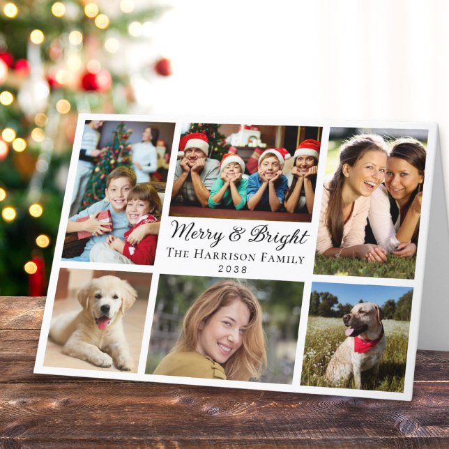Merry And Bright 6 Photo Collage Christmas Holiday Card (This holiday season, let the magic of your cherished moments unfold with our 6 photo Christmas card)