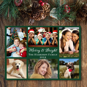Merry And Bright 6 Photo Collage Green Christmas Holiday Card