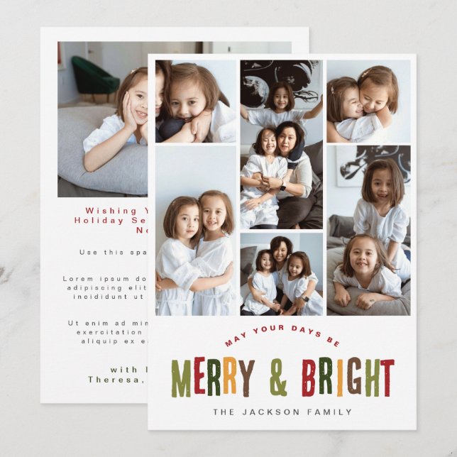 Merry and Bright 6 Photos Colourful Fun Christmas Holiday Card (Front/Back)
