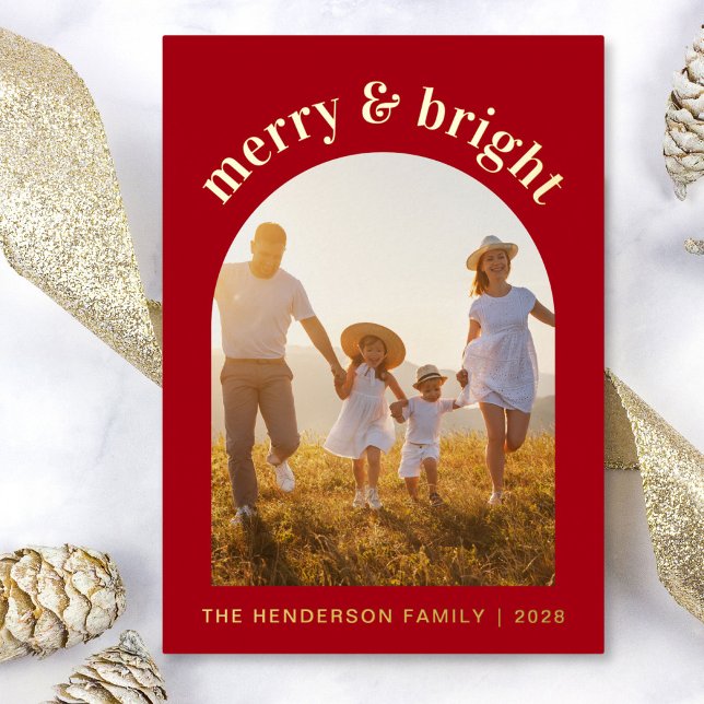 Merry And Bright Arch Photo Christmas Foil Holiday Card (Share the love and warmth of the season with an elegant gold foil photo Christmas card)