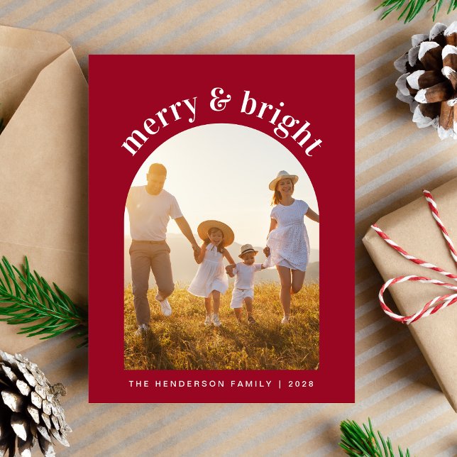 Merry And Bright Arch Photo Red Christmas Holiday Postcard (Share the love and warmth of the season with your personalized photo Christmas card)