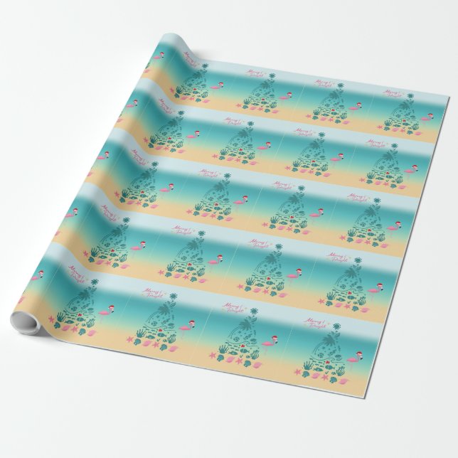 Merry And Bright Beach Christmas Wrapping Paper (Unrolled)