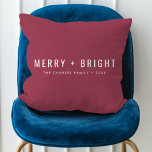 Merry and Bright | Berry Vintage Rose Christmas Cushion<br><div class="desc">A stylish modern holiday pillow with a bold typography quote "Merry   Bright" in white with a rose raspberry dusky berry pink feature colour. The greeting and name can be easily customised for a personal touch. A trendy,  minimalist and contemporary christmas design to stand out this holiday season! #christmas #merryandbright</div>