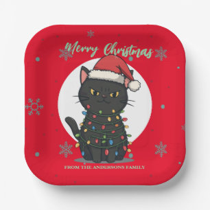 Merry and Bright Black cat Christmas kitten snow Paper Plate