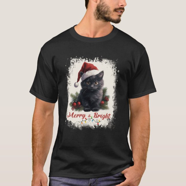 Merry And Bright Black Cat Christmas Lights Cat Da T-Shirt (Front)