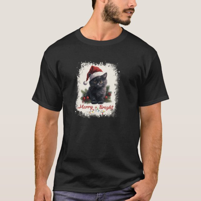 Merry And Bright Black Cat Christmas Lights Cat Da T-Shirt (Front)