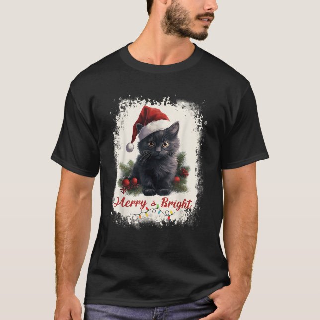 Merry And Bright Black Cat Christmas Lights Cat Da T-Shirt (Front)