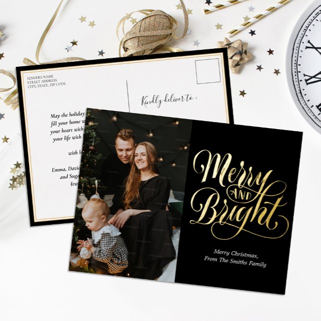 Merry and Bright Black Gold Calligraphy Photo Foil Holiday Postcard (Creator Uploaded)