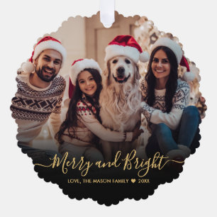 Merry and Bright Black Gold Script Photo Christmas Tree Decoration Card