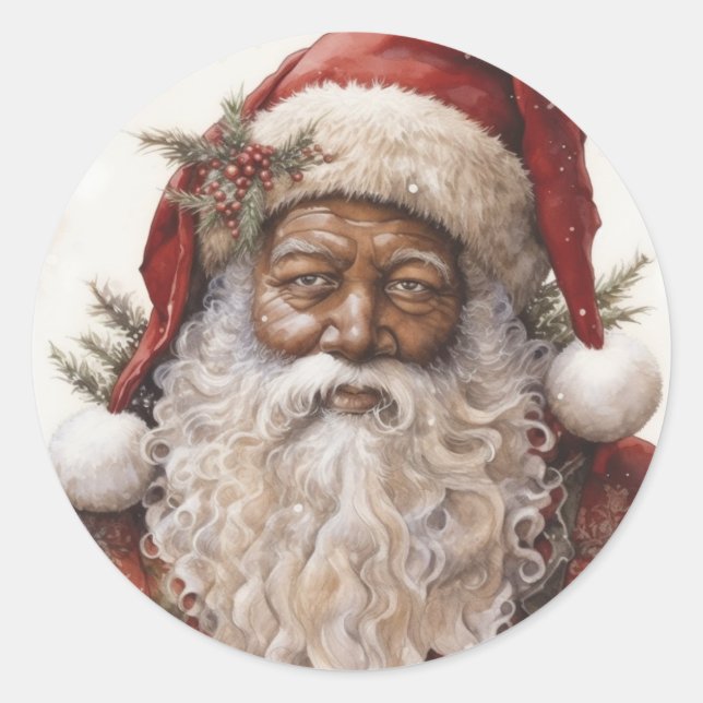 Merry and Bright Black Santa: Christmas Magic Classic Round Sticker (Front)