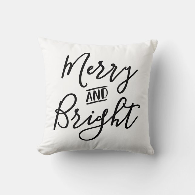 Merry and Bright Black White Script Christmas Cushion (Front)