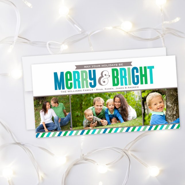 Merry and Bright Blue and Green Colours Photo Holiday Card (Creator Uploaded)