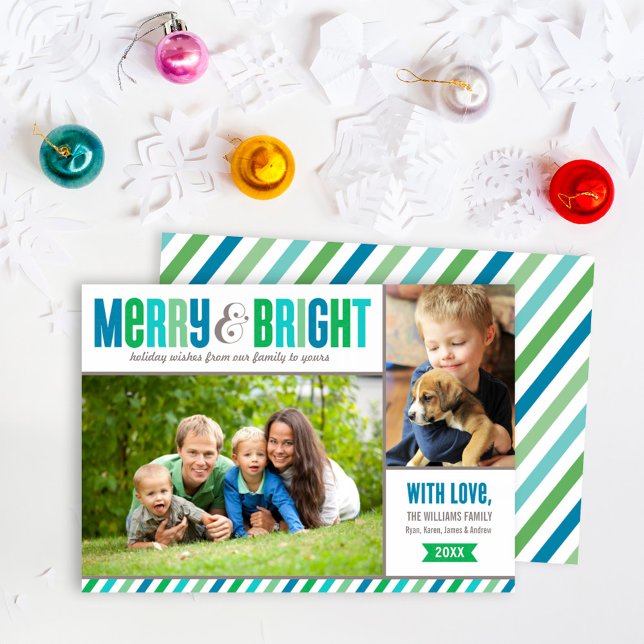 Merry and Bright Blue and Green Photo Holiday Card (Creator Uploaded)