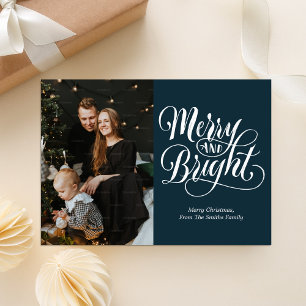 Merry and Bright Blue Calligraphy Modern Photo Holiday Card