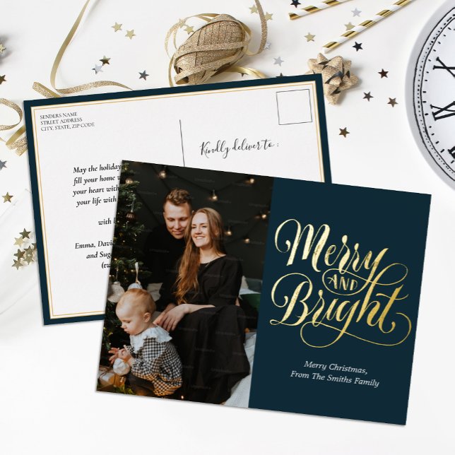 Merry and Bright Blue Gold Calligraphy Photo Foil Holiday Postcard (Creator Uploaded)