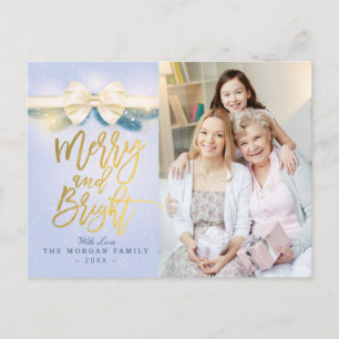 Merry and Bright Blue Gold Ribbon Greeting Photo Holiday Postcard